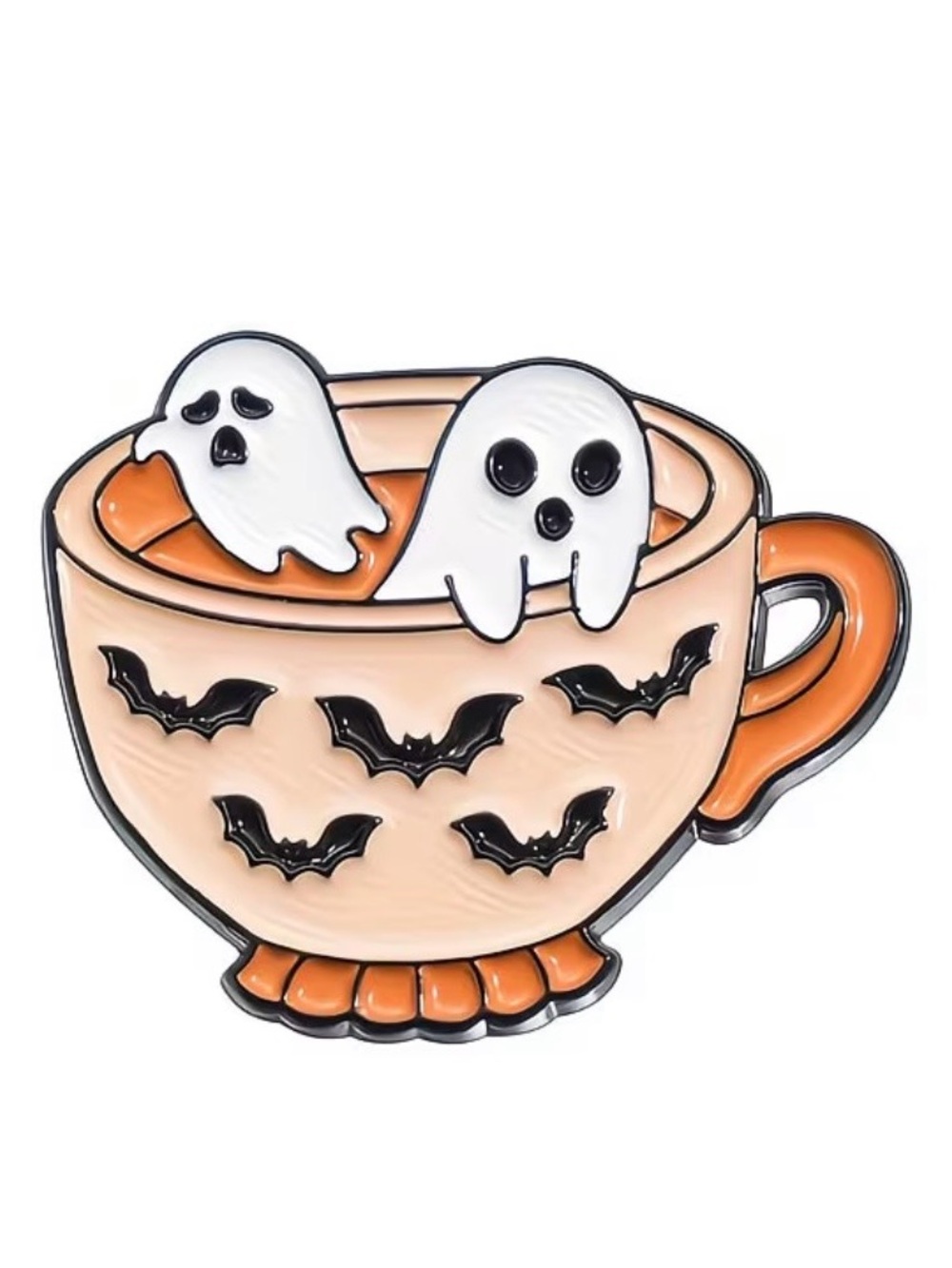 Halloween Ghosts in Orange Teacup Enamel Pin - Cute Bat Design - Picture 2 of 3